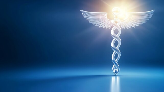 A silver medical symbol with wings is lit up by the sun