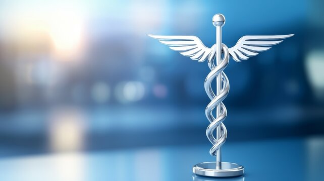 A silver medical symbol with wings is on a blue background