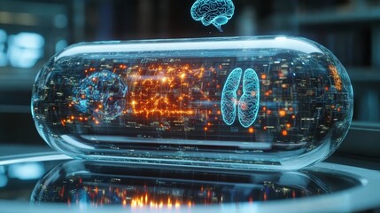 Obraz premium A luminous capsule emitting pulsating light on a sleek reflective surface, with holographic human anatomy hovering above, symbolizing futuristic medical innovation