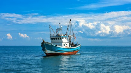 A blue and white fishing boat is sailing in the ocean
