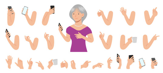 Woman character builder +60, business grandmother for animation. Body parts, postures, poses collection. Vector illustration.