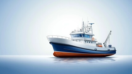 Naklejka premium A large white and blue boat is on the water
