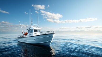 Naklejka premium A large white fishing boat is floating on the ocean