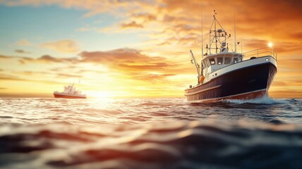 Naklejka premium A large boat is sailing in the ocean with a beautiful sunset in the background