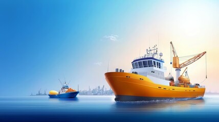 Fototapeta premium A large orange ship is in the water with a blue boat behind it