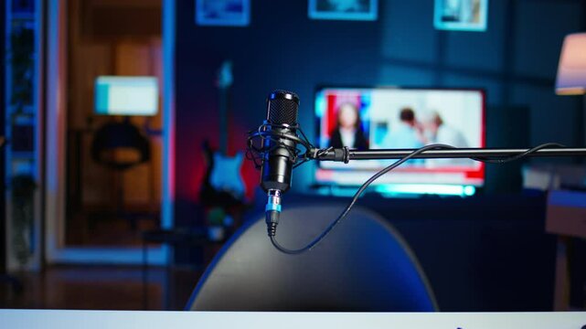 Close up shot of professional streaming microphone in empty neon lit studio used for online video content production. Panning shot of content creation recording mic in apartment