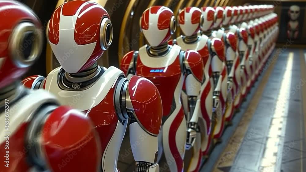 Poster robots aligned in a futuristic metallic setting generative ai