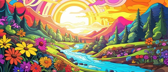 A Vibrant Landscape with a Winding River, Flowers, and a Colorful Sky