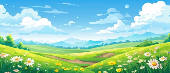 Fototapeta premium A picturesque landscape with a meadow, hills, mountains, and a blue sky with clouds.