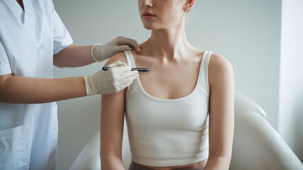 Fototapeta premium A woman is sitting in a chair while a doctor performs a procedure on her. The woman is relaxed and comfortable, and the doctor is wearing gloves and a mask