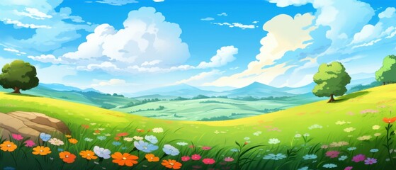 A picturesque landscape with rolling hills, a blue sky, white fluffy clouds, lush green fields, and colorful wildflowers.