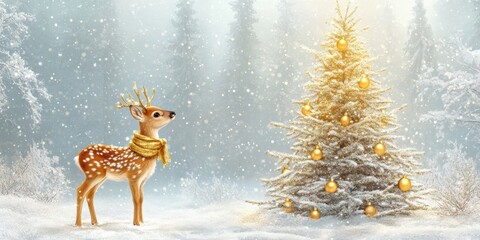 Deer Admiring a Golden Christmas Tree in a Snowy Winter Forest
