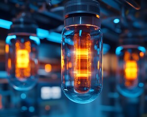 Sci-fi medical capsules suspended in a sterile lab, surrounded by holographic displays, the blue and orange lights reflecting the future of health tech