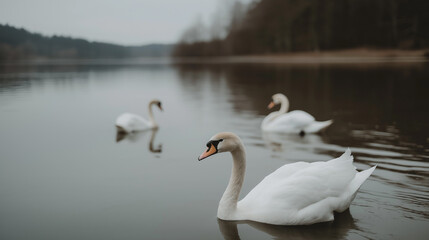 Fototapeta premium swans on the lake in autumn, nostalgic Mood.