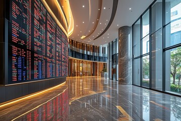 Modern stock exchange interior with digital displays and polished marble flooring in a bustling financial district
