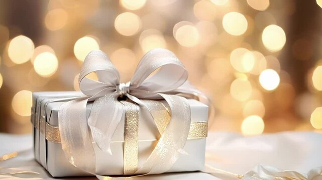 White gift box adorned with a silver ribbon is illuminated by warm, sparkling lights, evoking the magic and anticipation of christmas morning
