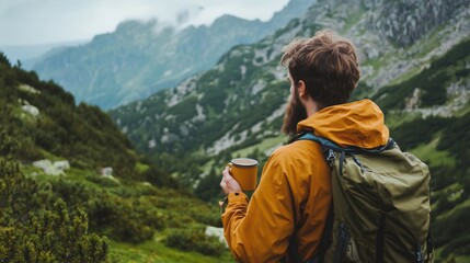 Naklejka premium Man with beard hiking in mountains, holding a coffee cup. Adventure and exploration concept