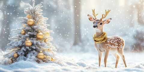Deer Admiring a Golden Christmas Tree in a Snowy Winter Forest
