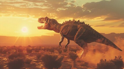 A Tyrannosaurus Rex Roaring at Sunset in a Dusty Landscape