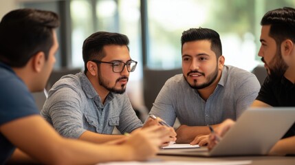 Group of men engaged in discussion at a table in bright office