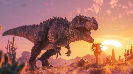 Tyrannosaurus Rex Roaring at Sunset in a Desert Landscape