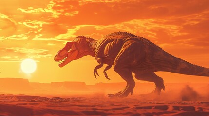 Fototapeta premium Tyrannosaurus Rex Dinosaur Roaming Through a Red Desert at Sunset