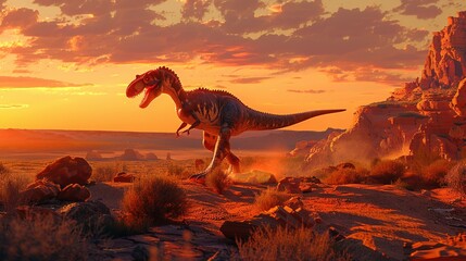 Fototapeta premium Tyrannosaurus Rex Dinosaur Roaring at Sunset in a Rocky Desert Landscape