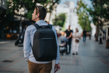 A businessman confidently strolls through a bustling city street with a backpack, embodying...