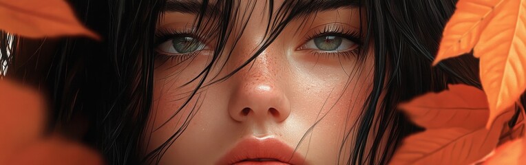 Fantasy girl with flowing hair wearing a golden autumn leaf wreath