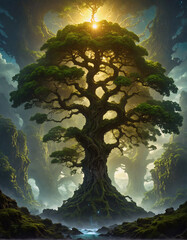 Yggdrasil the sacred tree of life in Norse mythology on a cosmic background connecting worlds