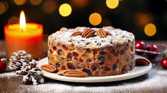 Christmas fruit cake, topped with pecans and powdered sugar, resting on a plate on a wooden table. A lit orange candle is in the background