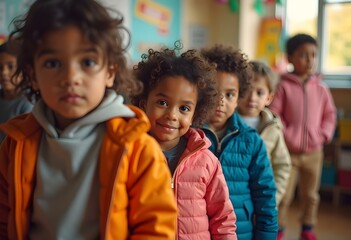 Group of Children in Colorful Coats Lined Up in School Hallway