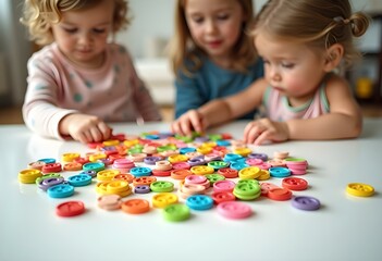 Fototapeta premium Three Girls Making Colorful Crafts at a Table Together