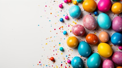 Colorful decorated Easter eggs arranged on a table with confetti in pastel tones during springtime