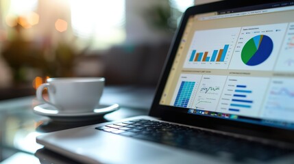 Screen of the laptop displaying colorful website traffic metrics, graphs, and analytics for the blog's ranking on the internet.