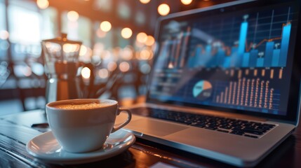 Screen of the laptop displaying colorful website traffic metrics, graphs, and analytics for the blog's ranking on the internet.