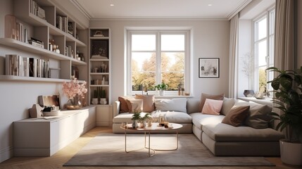 Cozy and inviting living room with autumn view and tasteful decor in a modern home setting