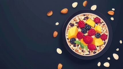 Wholesome Granola Bowl with Mixed Berries and Nuts - Minimal Vector Food Template on Dark Background for Designers
