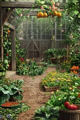 Vibrant greenhouse garden filled with blooming flowers, fresh vegetables, and hanging fruits, creating a serene and lush atmosphere.