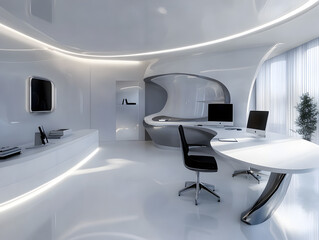 Modern, high-tech office with clean lines.


