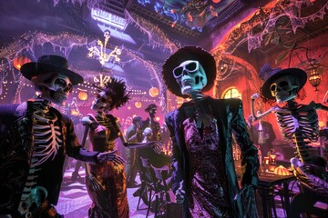 Fototapeta premium Festive skeleton dance party with halloween decorations and vibrant atmosphere. AI