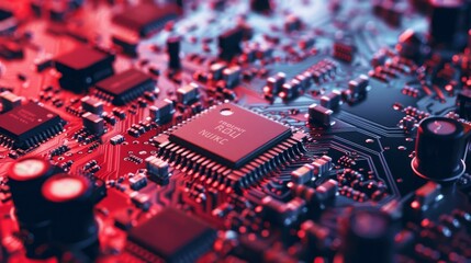 Close-up of a circuit board with red lighting, showcasing the intricate design and components.