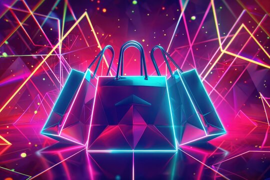 Colorful neon shopping bags for black friday and cyber monday sales promotions. AI