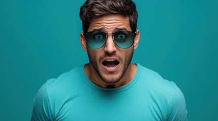 Obraz premium Astonished Guy with Sunglasses in Blue T-Shirt on Blue Background