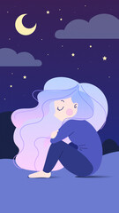 Fototapeta premium Ilustración mujer cabello largo de colores descansando en la noche, estilo minimalista