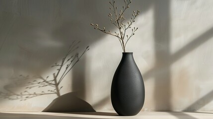 Black Vase with Dried Twigs and Shadow Against a Textured Wall