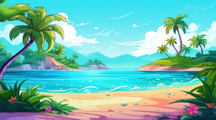 Obraz premium Tropical Beach Scene with Palm Trees, Blue Water, and Sandy Shore