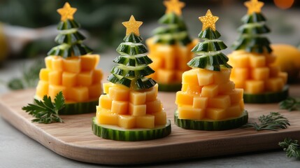 Christmas-themed mini cucumber and cheese trees, decorated with star-shaped foods for an elegant holiday snack idea