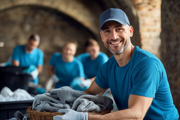 A smiling man in a blue shirt and cap sorts clothes at a donation center.