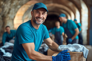 A smiling man in a blue t-shirt and cap holds a basket of clothing while working in a warehouse.